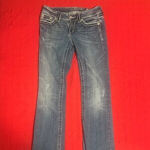Miss Me Blue Boot Cut Jeans with White Stitching